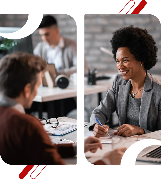 A credit consultant speaking with a client in a professional office